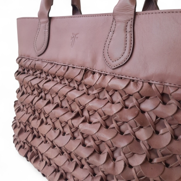 Rare FRYE Leather Woven Tote Shoulder Bag Satchel Taupe Basket Weave Boho - Picture 8 of 16